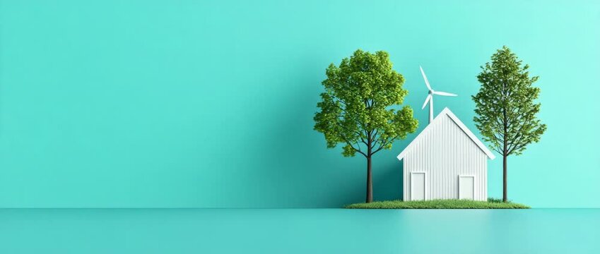 Eco-Friendly Haven: A minimalist house surrounded by lush greenery and a wind turbine. An eco-friendly haven, illustrating the harmonious blend of sustainable living.