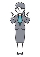 ガッツポーズをするスーツの女性の正面向きベクターイラスト