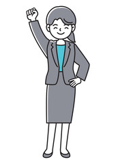 ガッツポーズをするスーツの女性の正面向きベクターイラスト