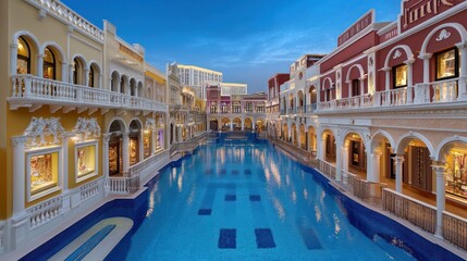 Scenic venetian style canal with detailed architecture and azure water reflection