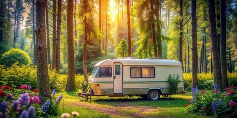 Obraz premium Vintage-inspired camper van parked near a cluster of tall, slender trees with bright green leaves and vibrant wildflowers