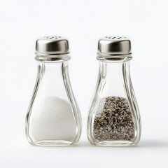 Salt and pepper shakers close up on a white background