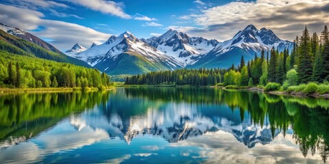 Fototapeta premium Serene, icy expanse with snow-capped peaks and serene water, surrounded by lush green forest in Alaskan wilderness, reflecting majestic beauty of nature , Water, Majestic glacier bay landscape