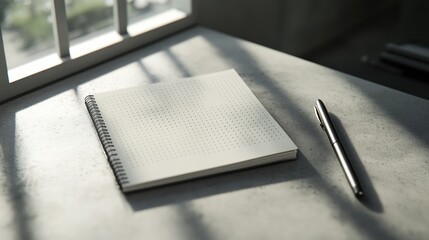 Minimalist workspace with dot grid notebook and pen bathed in sunlight