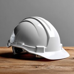 Fototapeta premium White hard hat resting on a wooden surface symbolizes safety at work