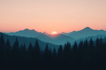 Obraz premium Serene Sunset over Silhouetted Mountains and Pine Forest Landscape
