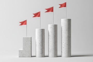 Concrete columns with red flags showing growth and success on white space