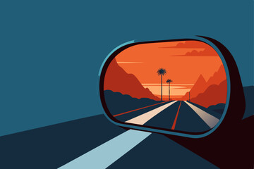 car mirror reflecting foggy roadside  