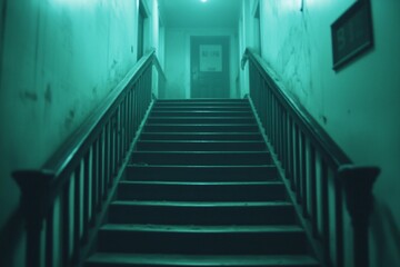 Obraz premium Mysterious Dark Green Staircase in Abandoned Building Creepy Old House Interior Spooky Hallway