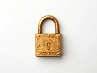 Naklejka premium Antique Gold Padlock Vintage Metal Lock Security Concept Isolated on White Background