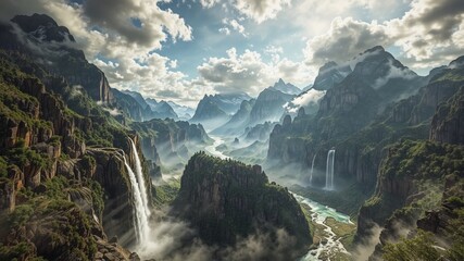 Obraz premium Majestic Mountains Soaring Above Cascading Waterfalls
