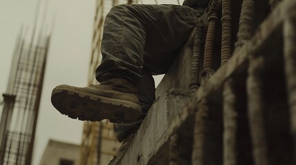 Fototapeta premium Construction Worker Sitting on Unfinished Building Frame