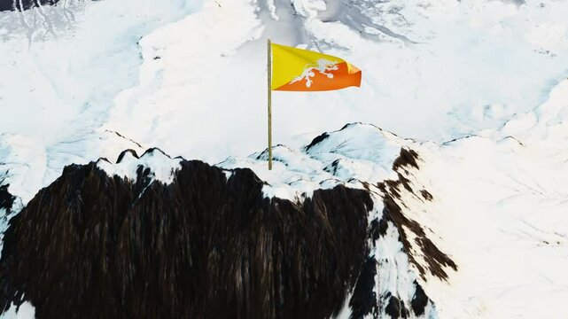 Dynamic 3D animation showcasing the Bhutan flag with its yellow and orange diagonal halves and central white dragon clutching jewels, fluttering atop a snowy mountain summit, symbolizing national prid