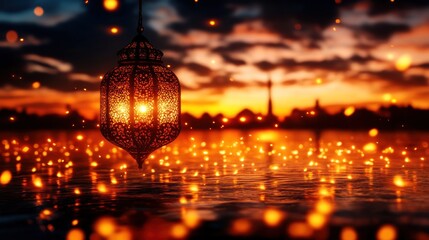 Obraz premium Enchanted Sunset: A Glimmering Lantern Reflects on Calm Waters