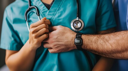 Stethoscope Placement: Doctor's hands adjusting a stethoscope on a patient's chest, focusing on the hands and stethoscope. 

