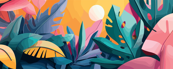Colorful tropical foliage with sunlight in vibrant sunset scene.