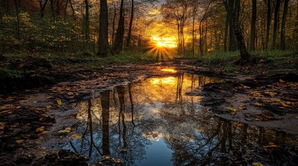 Obraz premium Sunrise in a forest with a reflection in the water. Sunlight filters through the trees and illuminates the scenery.