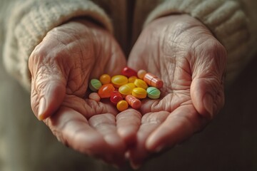Elderly Hands Holding Various Colorful Pills and Medications