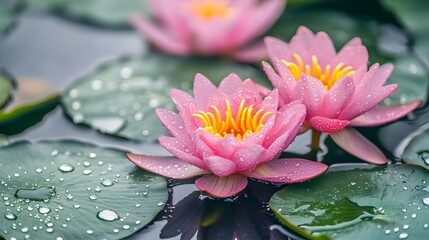 Pink Water Lilies: Captivating Image of Pink Water Lilies with Glistening Water Droplets and Ample Copy Space for Designers