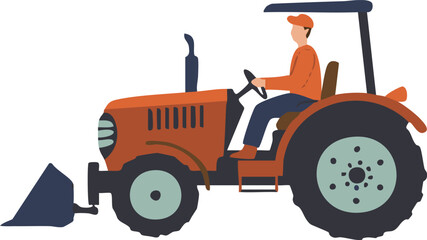 An orange tractor with a front loader is operated by a person This illustration is ideal for farming or agricultural design projects.