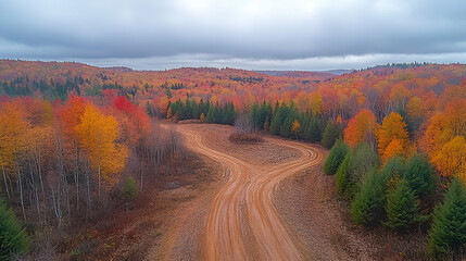 Aerial View of Autumn Forest with Dirt Road