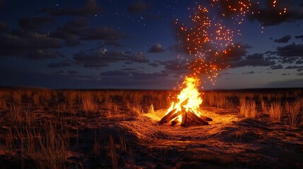 Nighttime bonfire crackles, sparks fly, grassy plain.