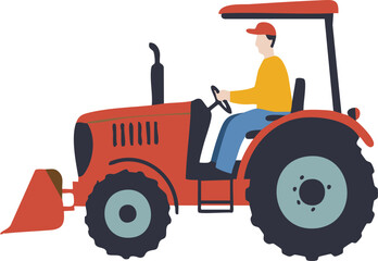 Red tractor with the farmer operating it, created in flat vector style for agriculture themed designs and illustrations.