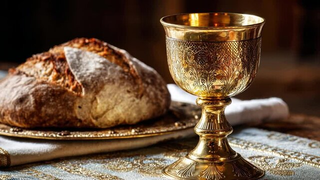 Sacred Meal: A depiction of the eucharist featuring bread and a golden chalice, symbolizing a moment of reverence. 