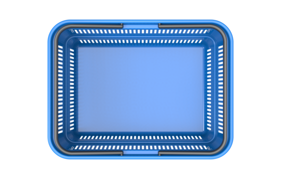 Top view of empty plastic shopping basket isolated on transparent background.