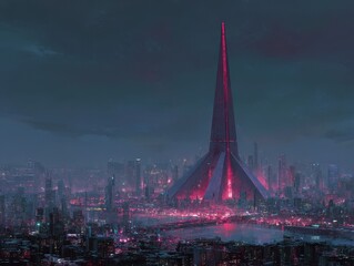 Futuristic metropolis illuminated by vibrant lights.
