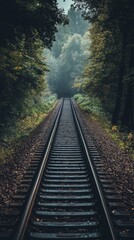 Fototapeta premium Train tracks disappearing into a misty forest