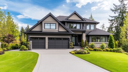 Obraz premium Modern suburban home with landscaped yard and clear sky