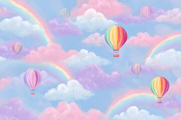 Fototapeta premium Pastel sky filled with colorful hot air balloons and rainbows.
