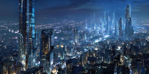 Fototapeta premium Futuristic city at night illuminated by lights.