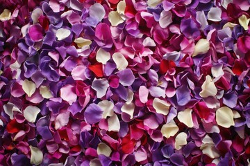 Multicolored rose petals scattered across a surface.