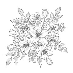 A detailed black and white line drawing of a bouquet featuring various flowers and leaves intricately arranged.