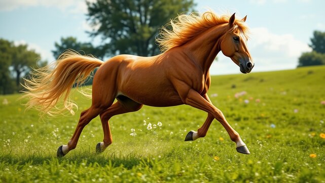 Palomino Kinsky Gelding Galloping Through Summer Pasture