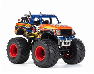 Vibrant monster truck with oversized tires, orange hues, and decorative flames against a white backdrop