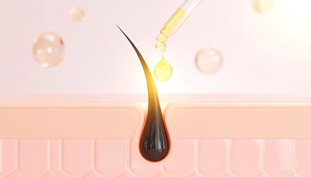 Nourish hair of shampoo or Oil Vitamin serum. Repair damaged hair concept, 3d rendering.bubble, circle, nature, colors, colours, females, horizontal, hygiene, indoors, lifestyles, liquid, long, 