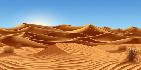 Endless desert landscape with sandy dunes under the summer bright sun