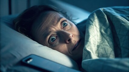 A woman lies in bed at night, eyes wide open in fear, illuminated by blue light with a phone beside her on the pillow.