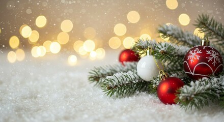 Obraz premium Christmas Ornaments on Snowy Branch with Bokeh Lights