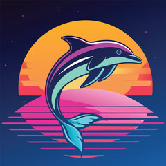 cartoon dolphins leap gracefully from the ocean waves under a vibrant sun, a playful illustration of marine life