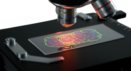 Microscope examining fluorescent stained cells on glass slide close up