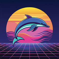 Fototapeta premium cartoon dolphins leap gracefully from the ocean waves under a vibrant sun, a playful illustration of marine life