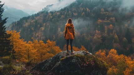 Obraz premium Woman standing on a rock, looking at the beautiful foggy mountain landscape