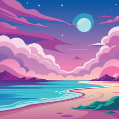 Moonlit sea landscape with stars and a boat on the water, a beautiful illustration of nature's night sky design