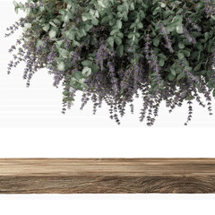 Fototapeta premium Rustic Wooden Table with Hanging Eucalyptus and Lavender Bouquet