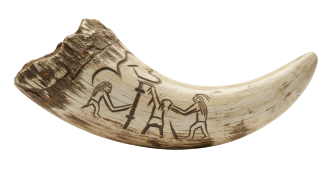 Ancient Carved Boar Tusk Artifact with Primitive Cave Art Engravings Isolated on White - Powered by Adobe