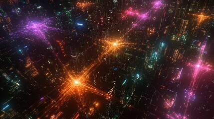 Fototapeta premium Neon city lights, glowing network streams.